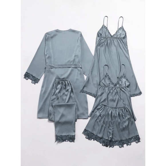 Fefi 5pcs Satin Contrast Lace Belted Night Set - Picture 2 of 6